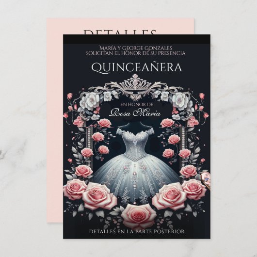 Schöne Spanische Rose Quinceñera Einladung (Vorne/Hinten)
