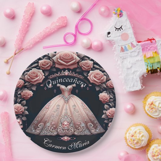 Schöne Spanische Rose Quinceñera Pappteller (Party)