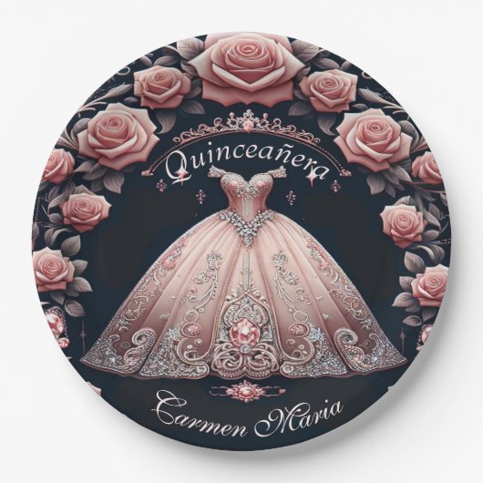 Schöne Spanische Rose Quinceñera Pappteller (Vorderseite)