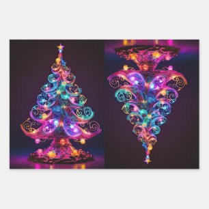 Schöne Sparkling Neon Christmas Tree Holiday Geschenkpapier Set