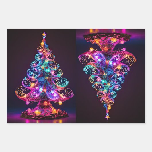 Schöne Sparkling Neon Christmas Tree Holiday Geschenkpapier Set (Vorderseite)