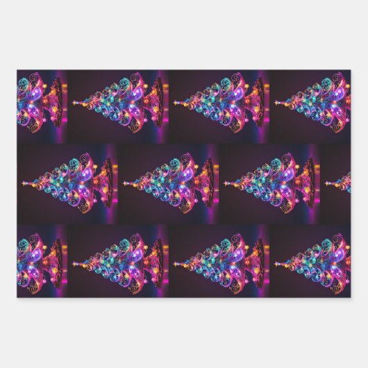 Schöne Sparkling Neon Christmas Tree Holiday Geschenkpapier Set (Vorderseite 3)