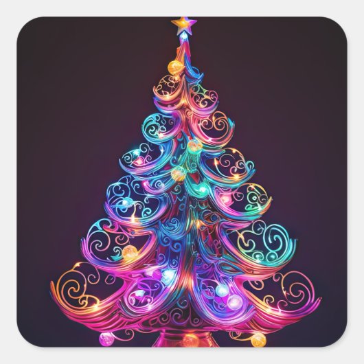 Schöne Sparkling Neon Christmas Tree Holiday Quadratischer Aufkleber (Vorderseite)