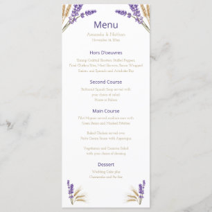 Schöne Speisekarte für Lavendel und Wheat Wedding Menükarte