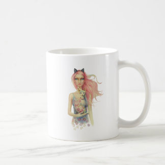 Schöne Sphinx-Katze und Mädchen Kaffeetasse