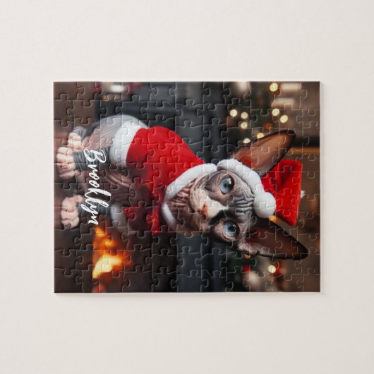 Schöne Sphynx Katze in Weihnachtsmannmütze Puzzle (Horizontal)