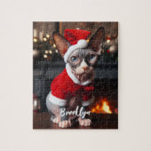 Schöne Sphynx Katze in Weihnachtsmannmütze Puzzle (Vertikal)