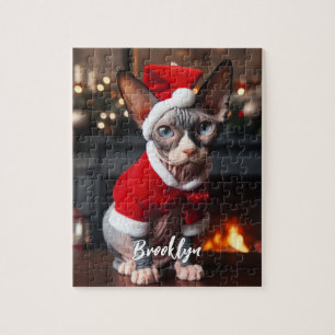 Schöne Sphynx Katze in Weihnachtsmannmütze Puzzle