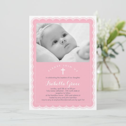 Schöne Spitzen-Taufe Einladung - Rosa (Stehend Vorderseite)