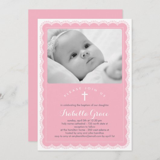 Schöne Spitzen-Taufe Einladung - Rosa (Vorne/Hinten)