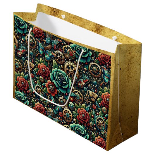 Schöne Steampunk Gears und Rose Große Geschenktüte (Vorderseite Schrägansicht)