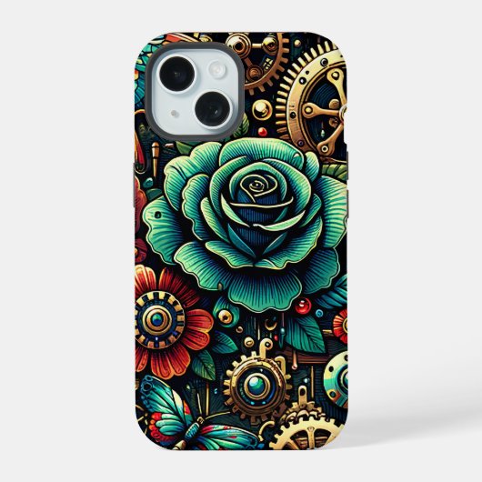 Schöne Steampunk Gears und Rose iPhone 15 Hülle (Rückseite)