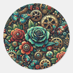 Schöne Steampunk Gears und Rose Runder Aufkleber