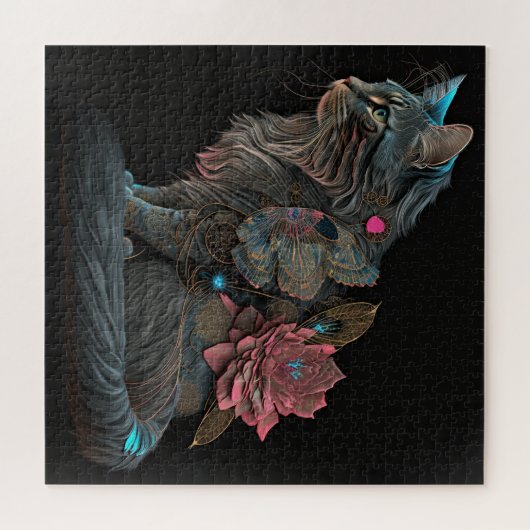 Schöne Steampunkatze mit rosa Blume Puzzle (Horizontal)