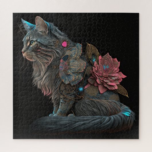 Schöne Steampunkatze mit rosa Blume Puzzle (Vertikal)
