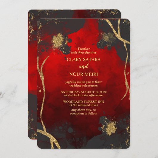 Schöne, stilvolle Hochzeit in Rot, Grau und Gold Einladung (Vorne/Hinten)