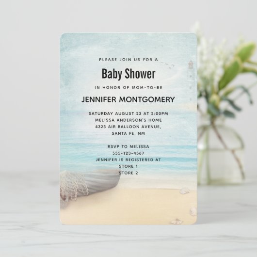 Schöne Strandlandschaft mit Boat & Lighthouse Dusc Einladung (Stehend Vorderseite)