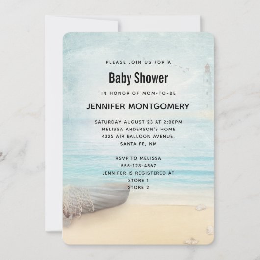 Schöne Strandlandschaft mit Boat & Lighthouse Dusc Einladung (Vorderseite)