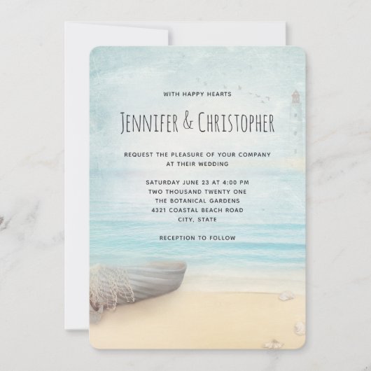 Schöne Strandlandschaft mit Boat & Lighthouse Einladung (Vorderseite)