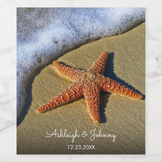 Schöne Strandlandschaft mit Starfish Wedding Wine Weinetikett (Einzelnes Label)