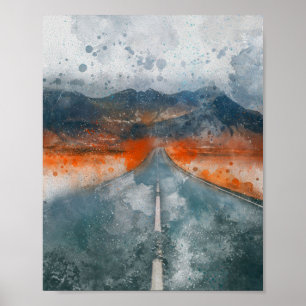 schöne Straße mit Berglandschaftsmalerei Poster