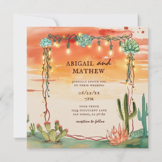 Schöne Sukkulent Cactus Sunset Boho Wedding Einladung (Vorderseite)