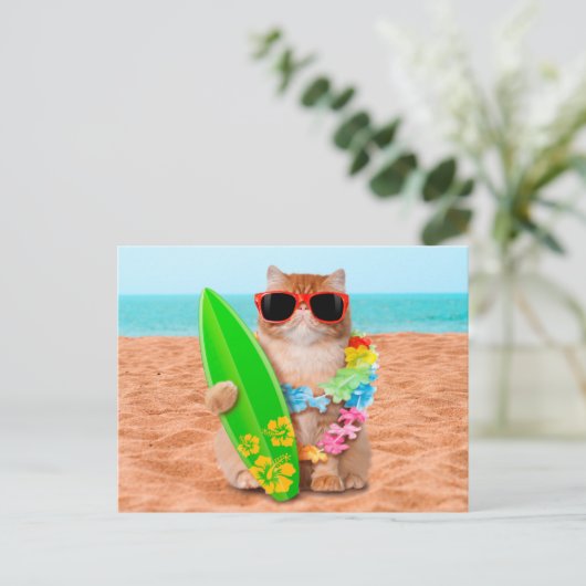 Schöne Surfer Katze am Strand Postkarte (Stehend Vorderseite)