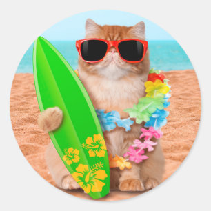 Schöne Surfer Katze am Strand Runder Aufkleber