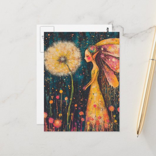 Schöne surreale bunte Löwenzahnfee Postkarte (Vorderseite/Rückseite Beispiel)