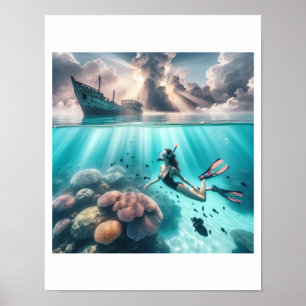 Schöne Taucherin findet ein gesunkenes Schiff Poster