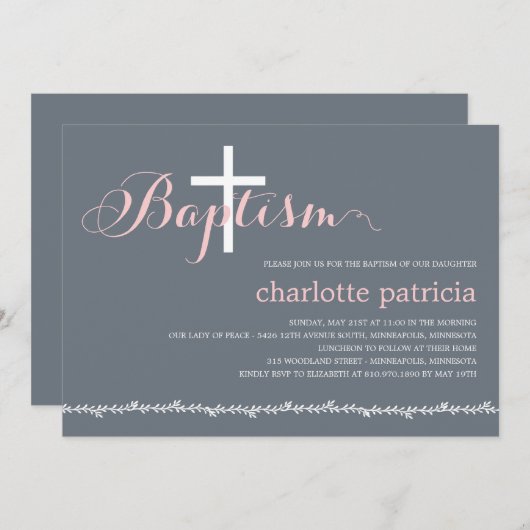 Schöne Taufe an der Grenze - Rosa Einladung (Vorne/Hinten)