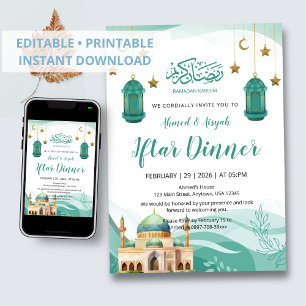 Schöne Teal-Aquarell-Moschee-Iftar-Einladung Einladung