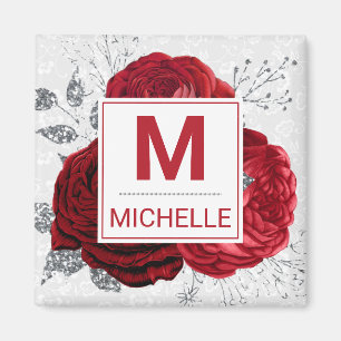Schöne tiefrote und silberne Blumenmonogramm Magnet