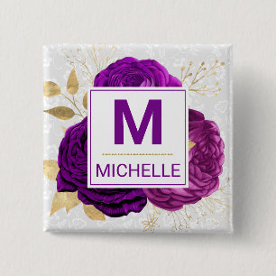 Schöne tiefviolette und goldene Blumenmonogramm Button