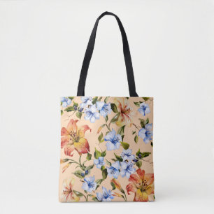 Schöne Tigerlilien und kleine blaue Blumen auf Tasche