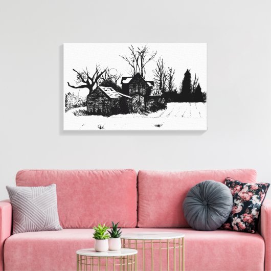 Schöne Tinte Zeichnend Bauernhof Wrapped Canvas Leinwanddruck (Insitu (Wohnzimmer))