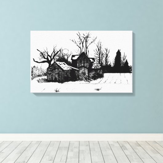 Schöne Tinte Zeichnend Bauernhof Wrapped Canvas Leinwanddruck (Insitu (Holzboden))