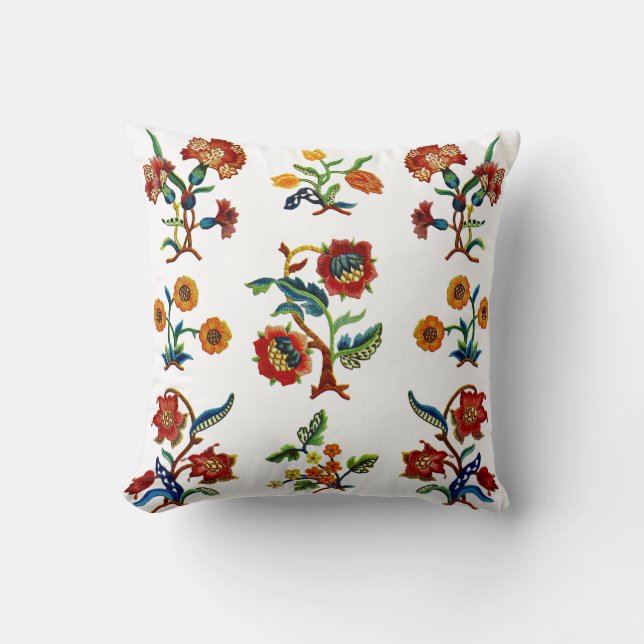 Schöne traditionelle Jacobohnen Crewel Stickerei Kissen (Vorderseite)