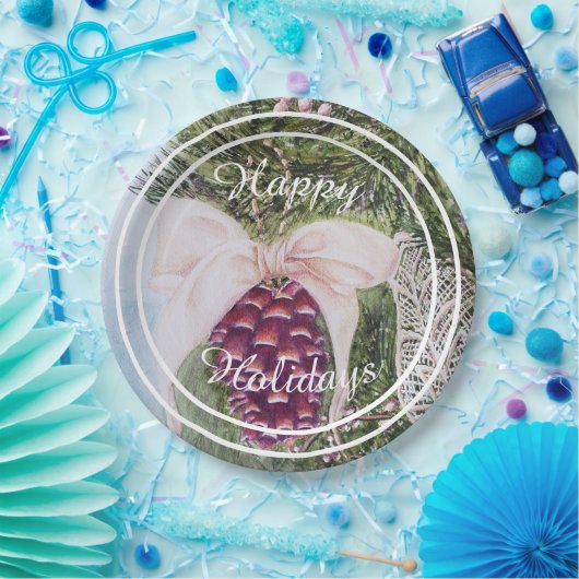 Schöne Tree Pine Cone Happy Holiday Party Pappteller (Party)