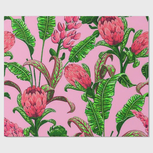 Schöne tropische grüne Blätter mit roten Blume | Geschenkpapier (Flach)