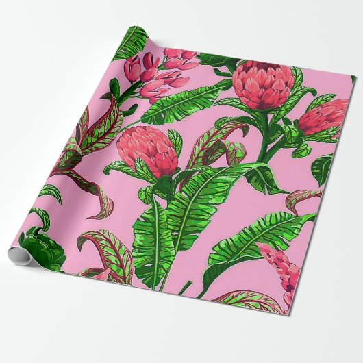 Schöne tropische grüne Blätter mit roten Blume | Geschenkpapier (Ungerollt)