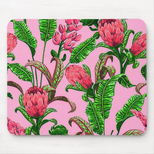 Schöne tropische grüne Blätter mit roten Blume | Mousepad (Vorne)