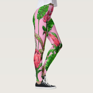 Schöne tropische grüne Blätter mit roten Blumen   Leggings