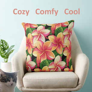 Schöne tropische rosa Blumen auf Schwarz Kissen