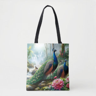 Schöne Türkisblaue Pfau mit Blumen Einkaufstasche Tasche