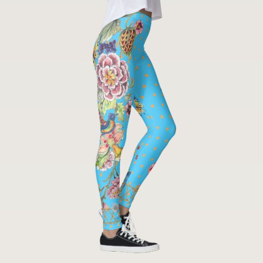 Schöne türkisfarbene Butterfly Chinoiserie Leggings (Rechts)
