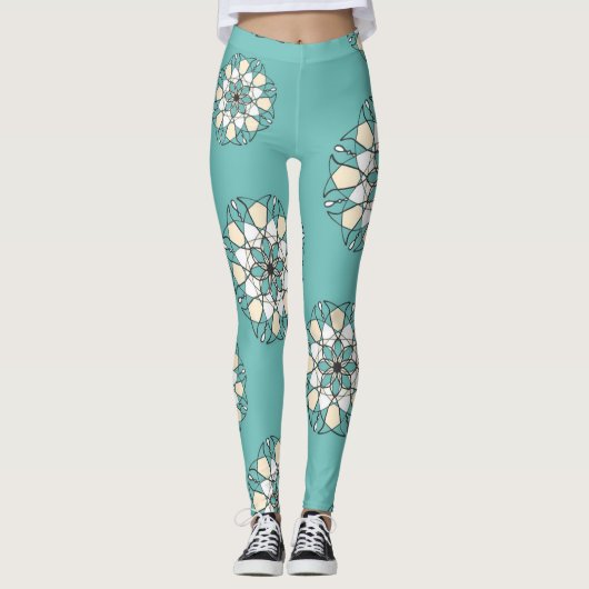 Schöne türkisfarbene große weiße Blume Leggings (Vorderseite)