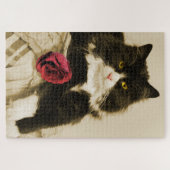 Schöne Tuxedo Katze mit Rote Rose auf Sepia Puzzle (Horizontal)