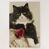 Schöne Tuxedo Katze mit Rote Rose auf Sepia Puzzle (Vertikal)