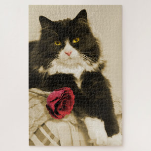 Schöne Tuxedo Katze mit Rote Rose auf Sepia Puzzle